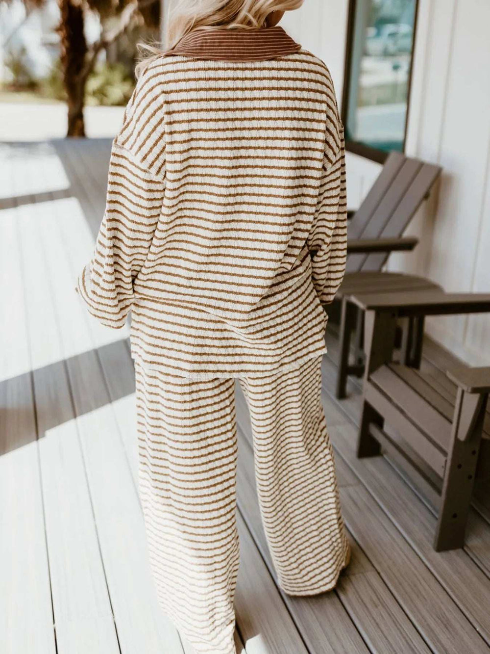 Stripe Collared Top and Drawstring Pant Set - Trendsi - Flyclothing LLC
