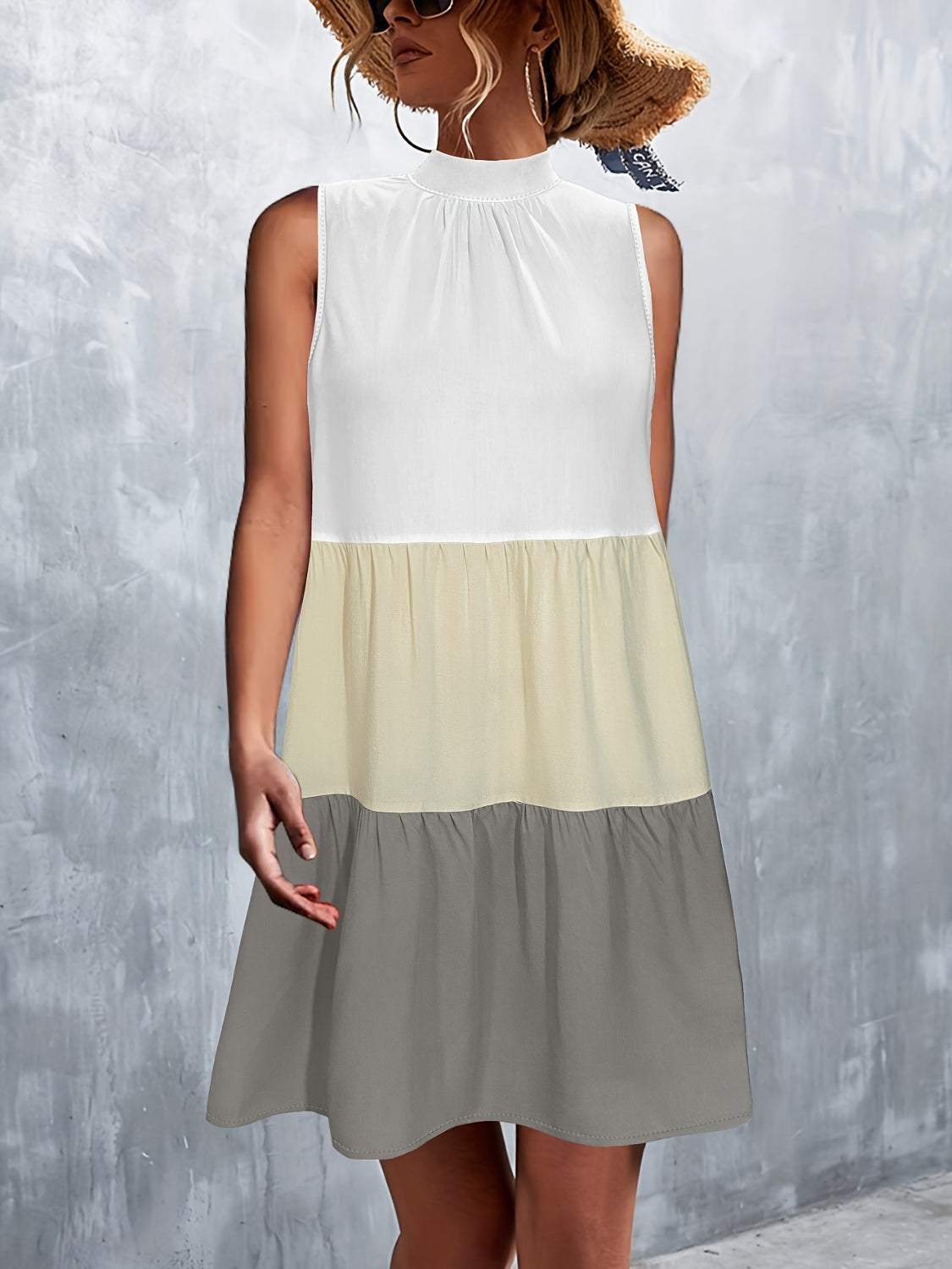 Tied Color Block Mock Neck Sleeveless Dress - Trendsi - Flyclothing LLC