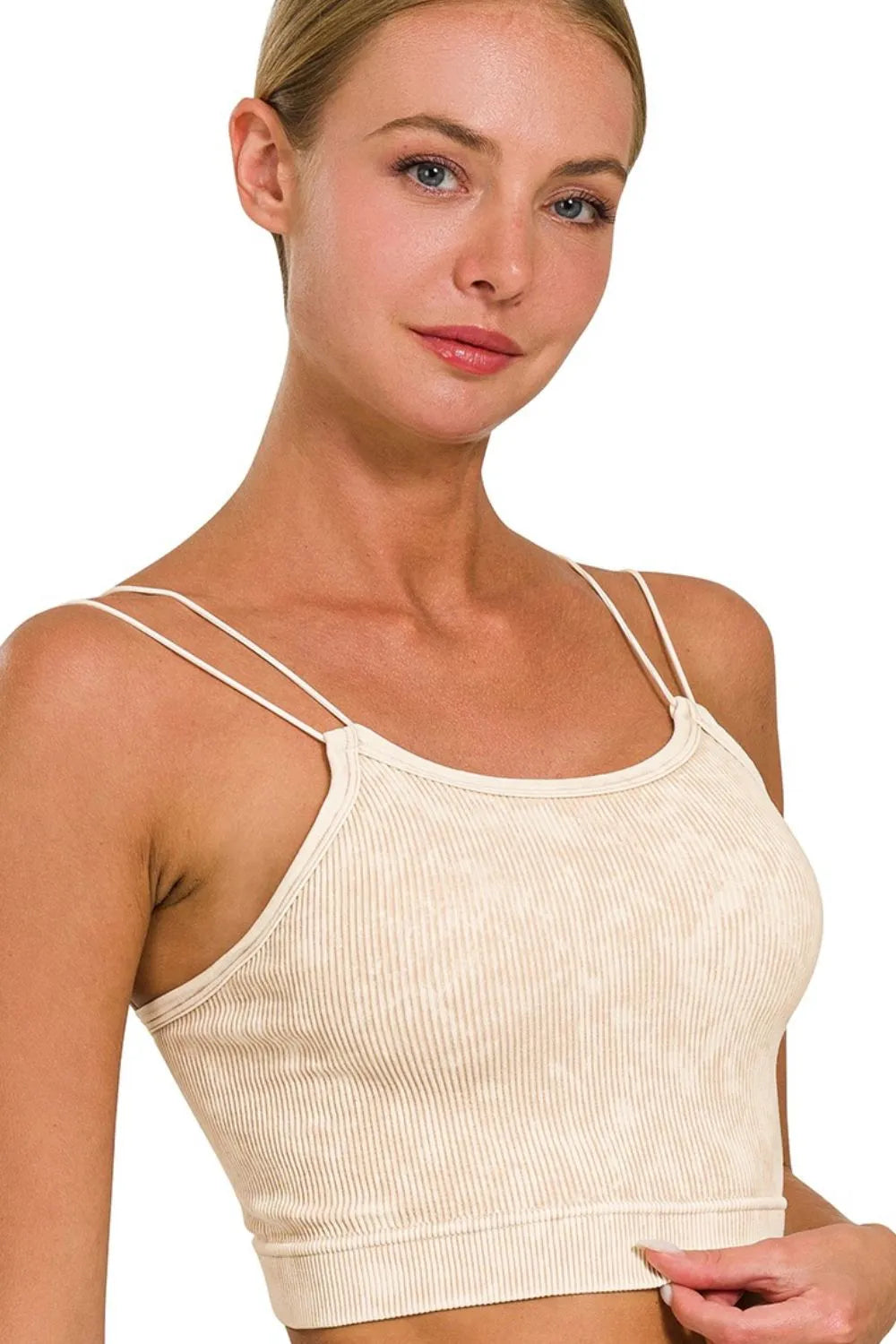 Zenana Washed Ribbed Seamless Double Strap Brami - Trendsi