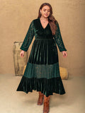 Plus Size Lace Patchwork V-Neck Balloon Sleeve Midi Dress - Trendsi - Flyclothing LLC