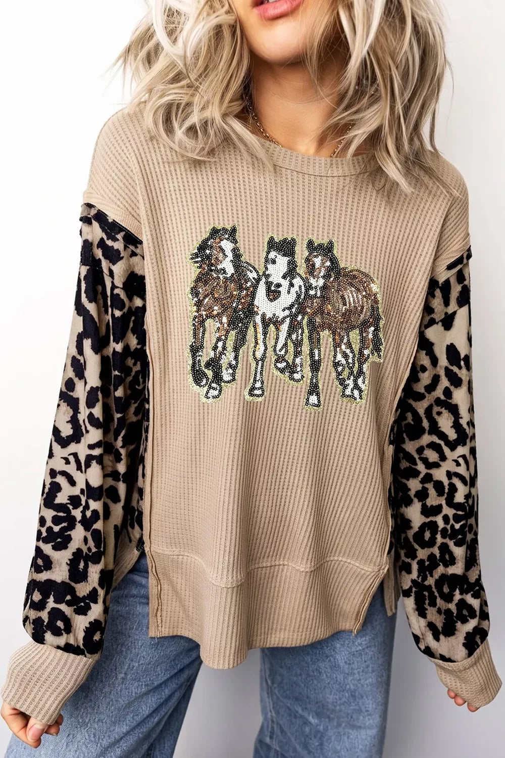 Sequined Western Horse Graphic Leopard Sleeve Patchwork Waffle Knit Top - Trendsi - Flyclothing LLC
