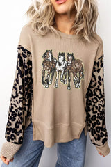 Sequined Western Horse Graphic Leopard Sleeve Patchwork Waffle Knit Top - Trendsi - Flyclothing LLC