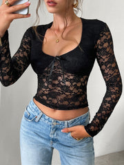 Devine Scoop Neck Long Sleeve Lace Top - Trendsi