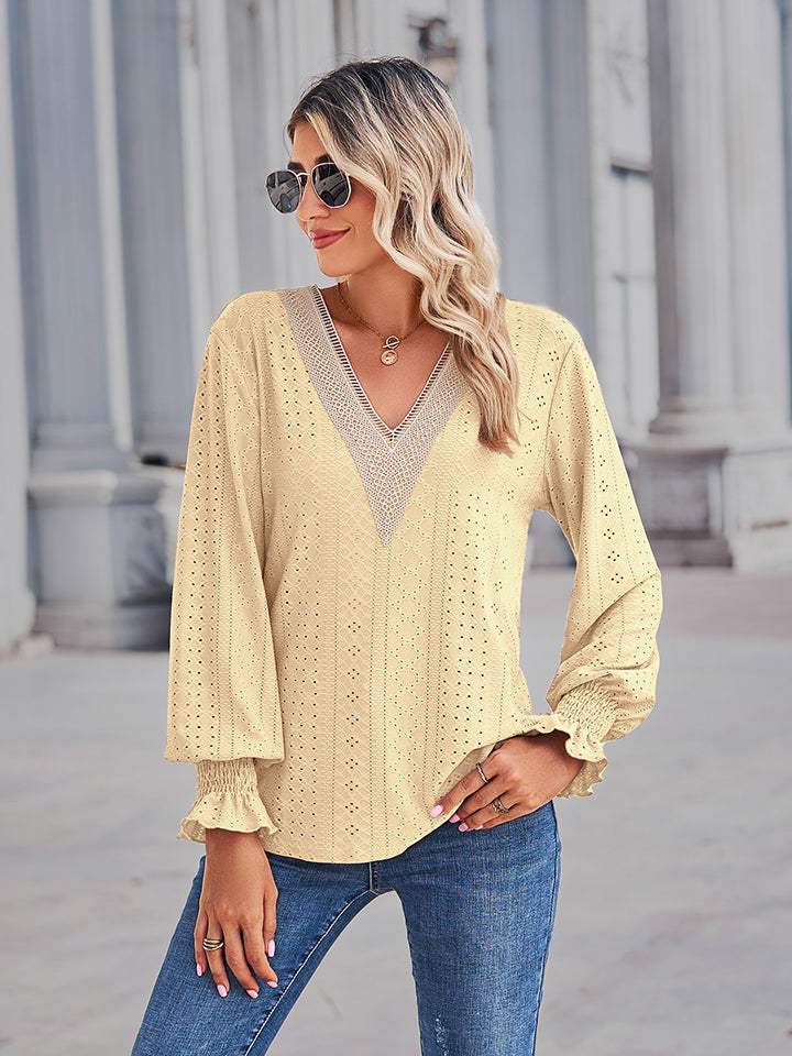 V-Neck Eyelet Flounce Sleeve Blouse - Trendsi - Flyclothing LLC