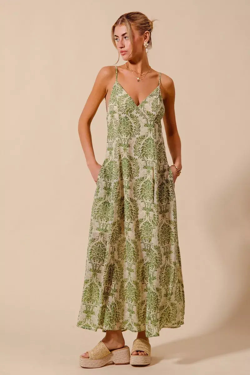 SO ME Damask Floral Summer Maxi Flowy Dress With Open Back - Trendsi - Flyclothing LLC