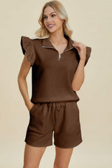 Double Take Full Size Texture Flounce Sleeve Top and Shorts Set - Trendsi - Flyclothing LLC