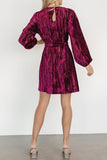 Velvet Round Neck Tie Waist Long Sleeve Mini Dress - Trendsi