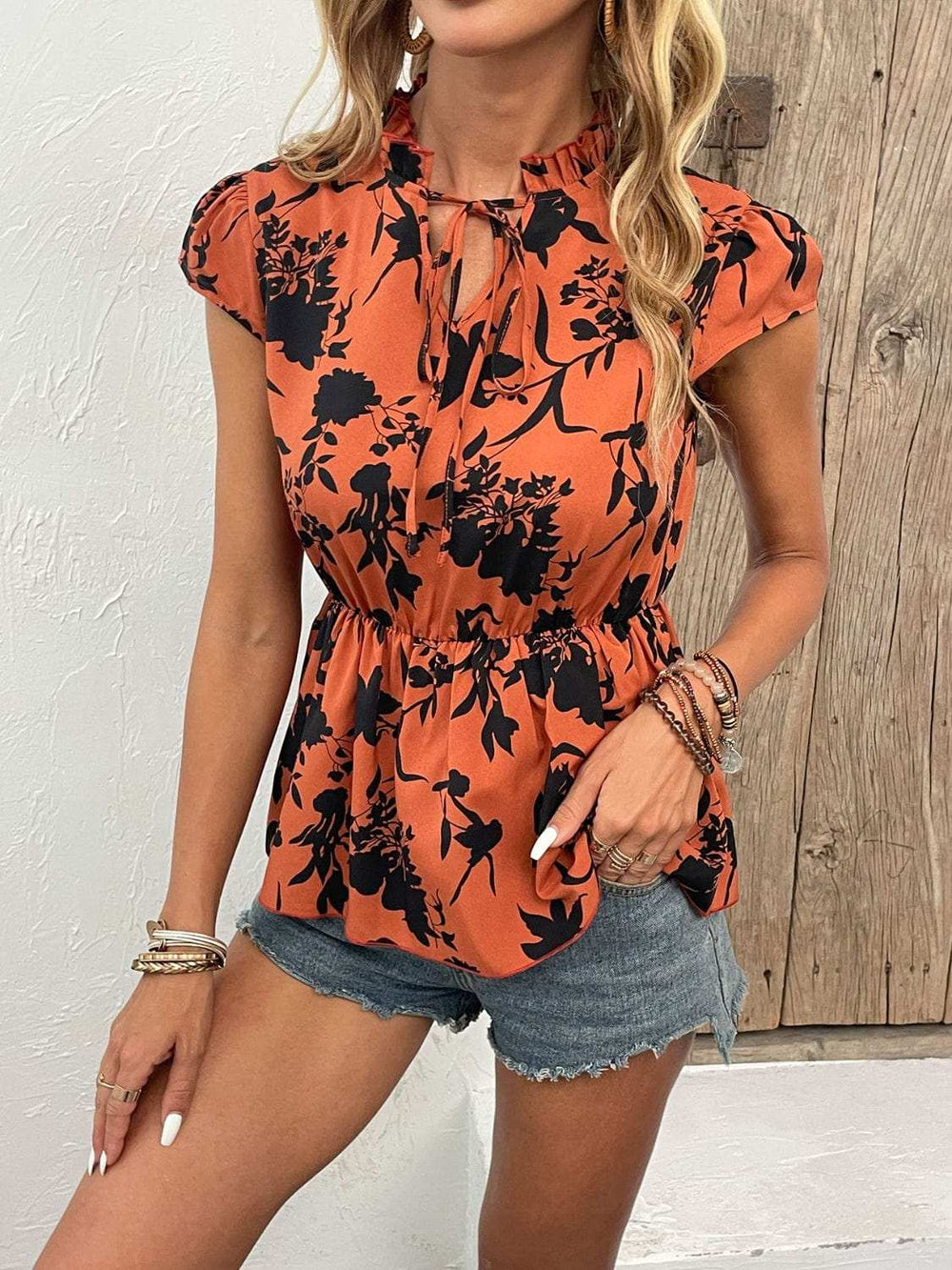 Printed Tie Neck Cap Sleeve Blouse - Trendsi - Flyclothing LLC