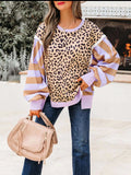 Stripe Color Block Patchwork Leopard Casual Sweatshirt with Slits - Trendsi - Flyclothing LLC