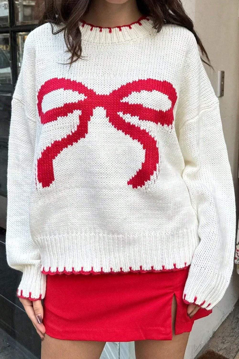 Bow Graphic Round Neck Long Sleeve Sweater - Trendsi - Flyclothing LLC