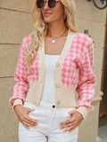 Houndstooth Button Up Long Sleeve Cardigan - Trendsi - Flyclothing LLC