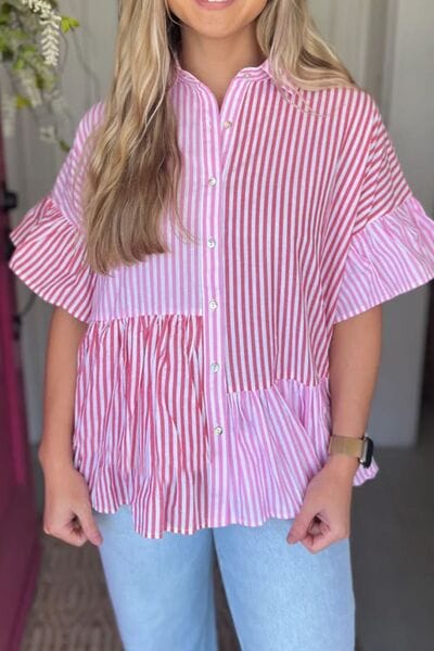 Button Down Striped Ruffled Hem Shirt - Trendsi