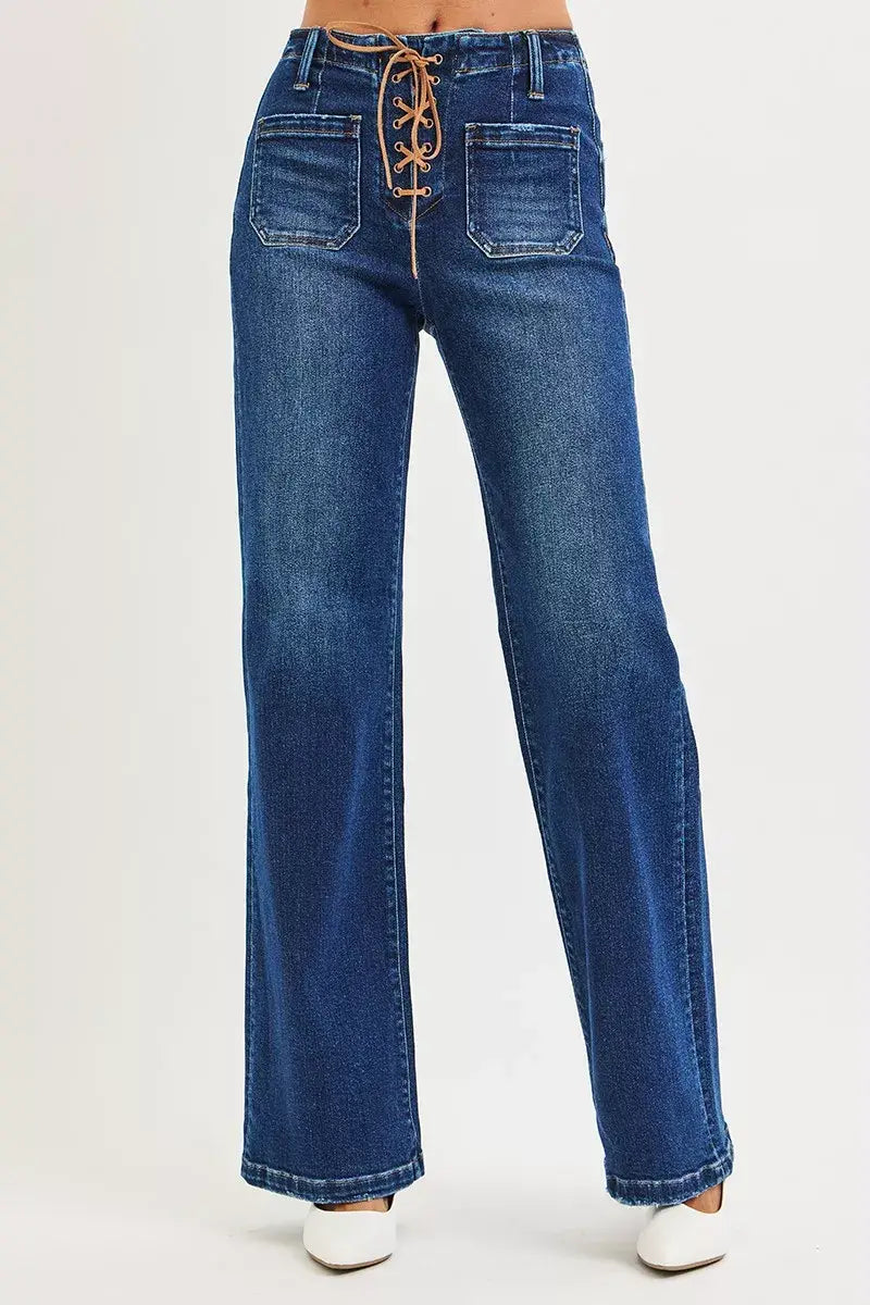 RISEN Full Size High Rise Wide Leg Jeans with Front Tie Detail Plus Size - Trendsi - Flyclothing LLC