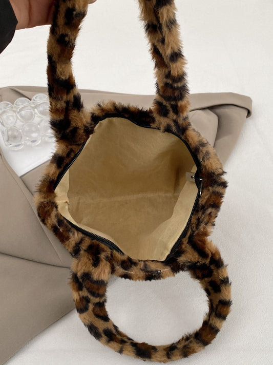 Leopard Fluff Handbag with Zip - Trendsi