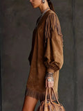 Suede Fringe Lantern Sleeve Mini Dress - Trendsi - Flyclothing LLC