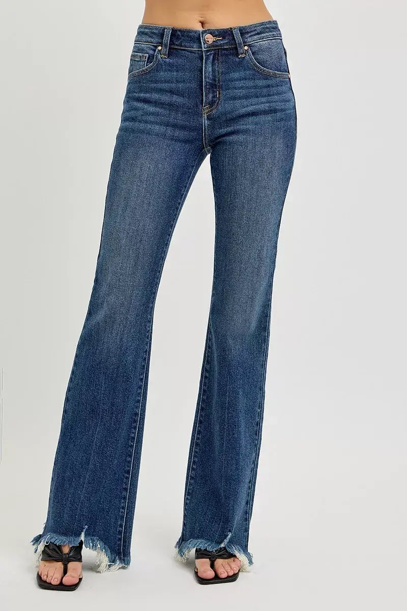 RISEN Full Size Mid Rise Flare Frayed Hem Jeans Plus Size - Trendsi - Flyclothing LLC