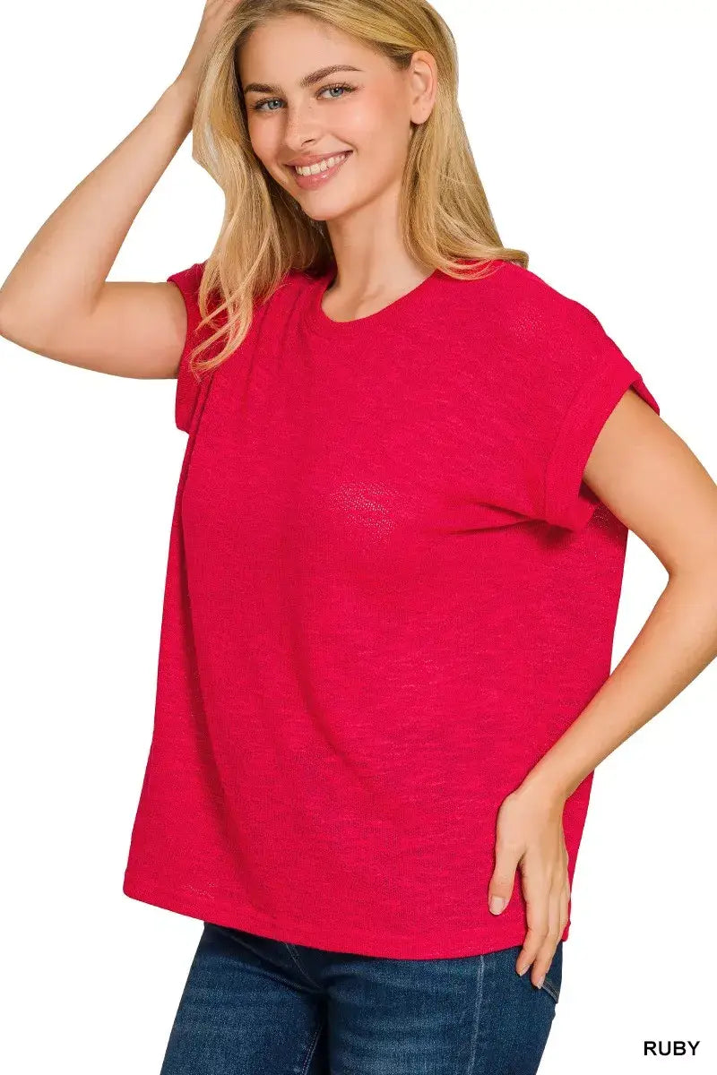 Zenana Hacci Slub Rolled Up Sleeve Tee - Trendsi - Flyclothing LLC