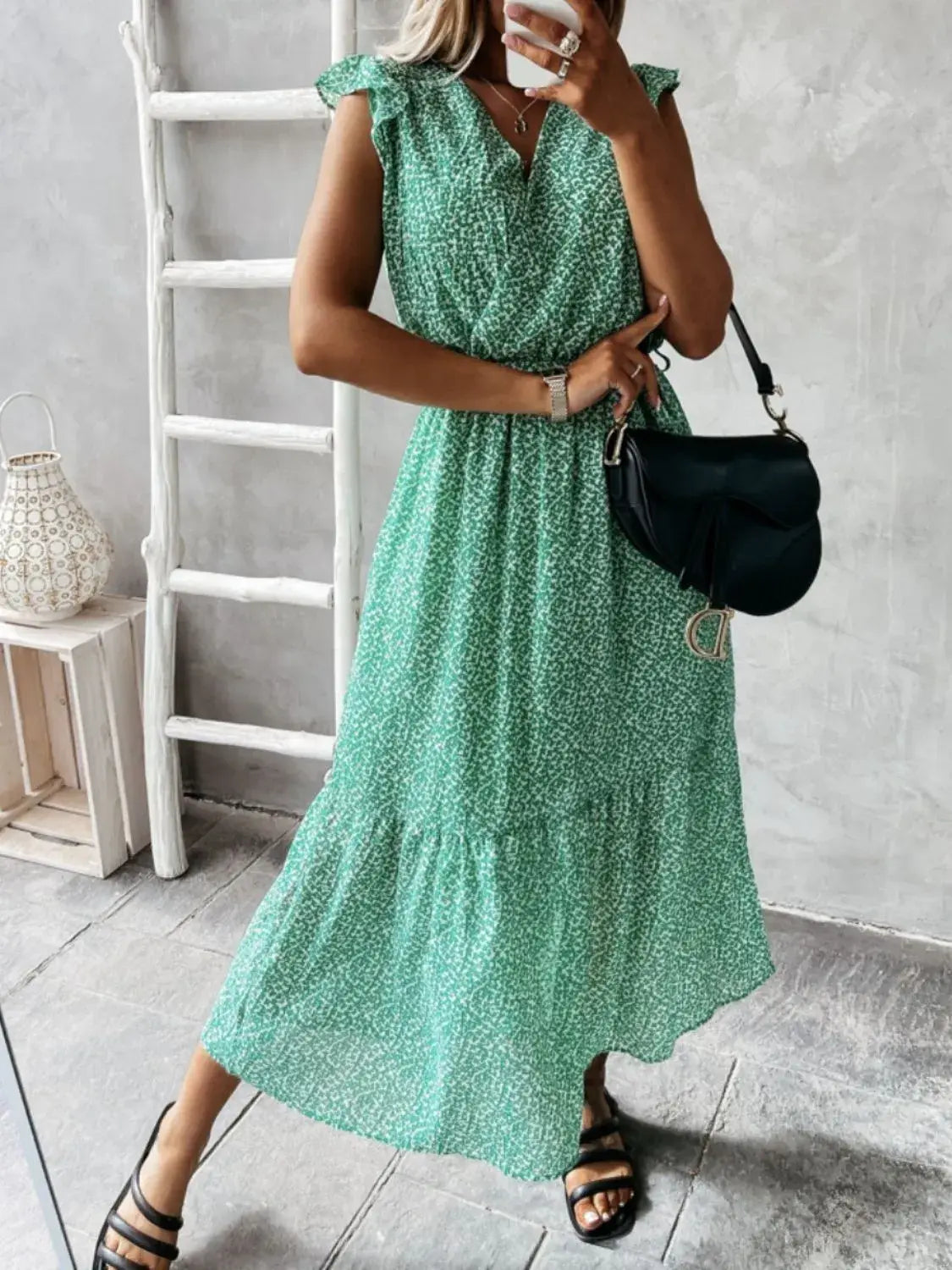 Ruffled Surplice Printed Cap Sleeve Dress - Trendsi - Flyclothing LLC