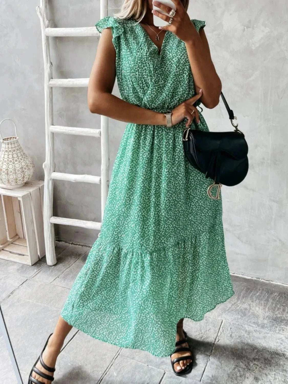 Ruffled Surplice Printed Cap Sleeve Dress - Trendsi - Flyclothing LLC