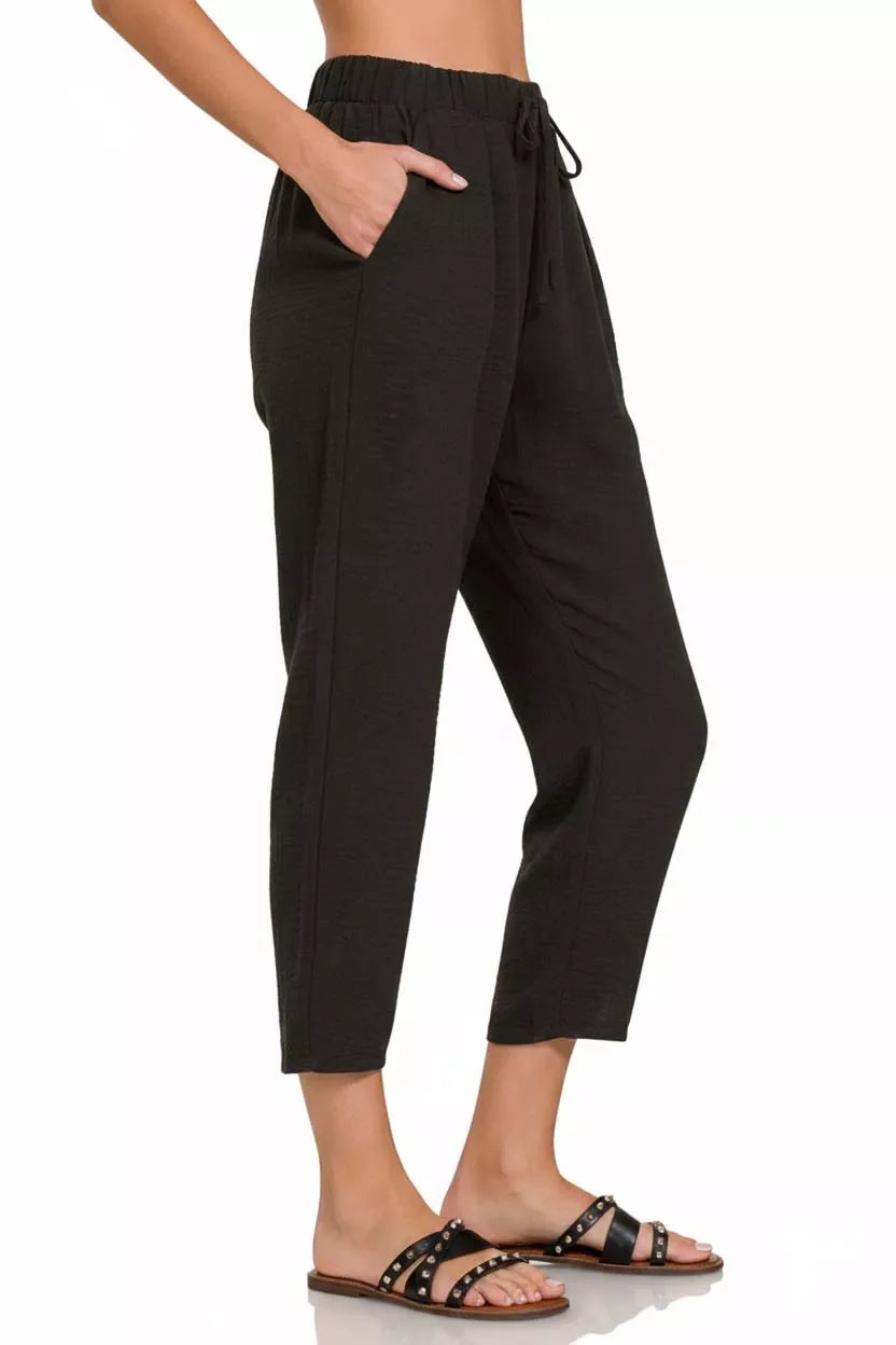 Zenana Woven Crepe Elastic Band Waist Pants - Trendsi - Flyclothing LLC