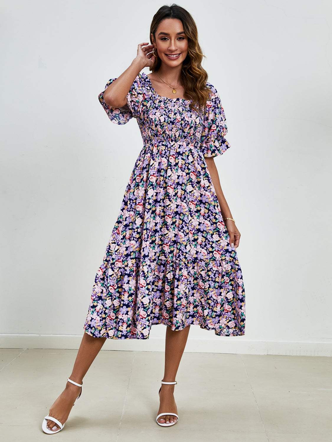 Smocked Floral Square Neck Short Sleeve Dress - Trendsi - Flyclothing LLC