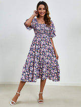 Smocked Floral Square Neck Short Sleeve Dress - Trendsi - Flyclothing LLC