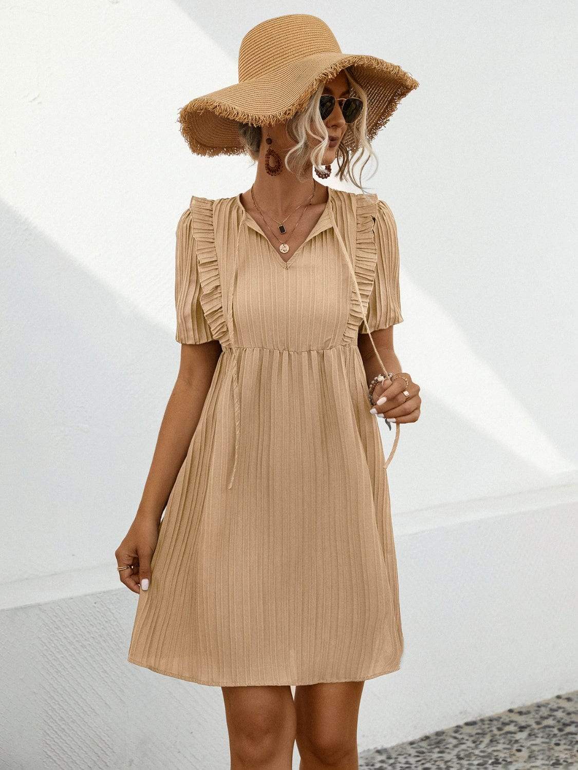 Tie Neck Short Sleeve Mini Dress - Trendsi - Flyclothing LLC