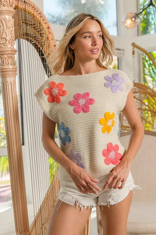 BiBi Multi Jeweled Crochet Flower Patch Sweater Vest - Trendsi - Flyclothing LLC