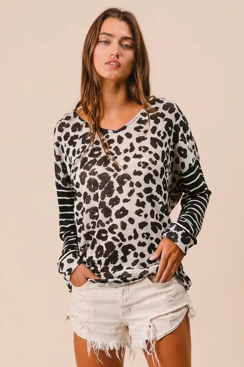 BiBi Leopard Hacci Knit Twist Back Top With Stripe Sleeve - Trendsi - Flyclothing LLC