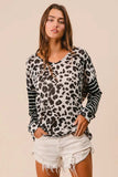 BiBi Leopard Hacci Knit Twist Back Top With Stripe Sleeve - Trendsi - Flyclothing LLC
