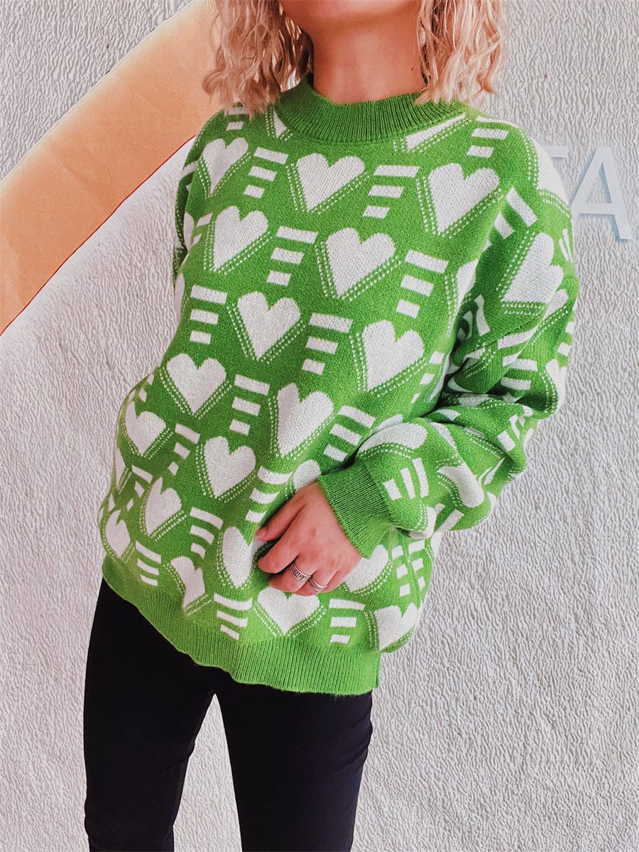 Heart Contrast Long Sleeve Dropped Shoulder Sweater - Trendsi