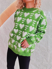 Heart Contrast Long Sleeve Dropped Shoulder Sweater - Trendsi
