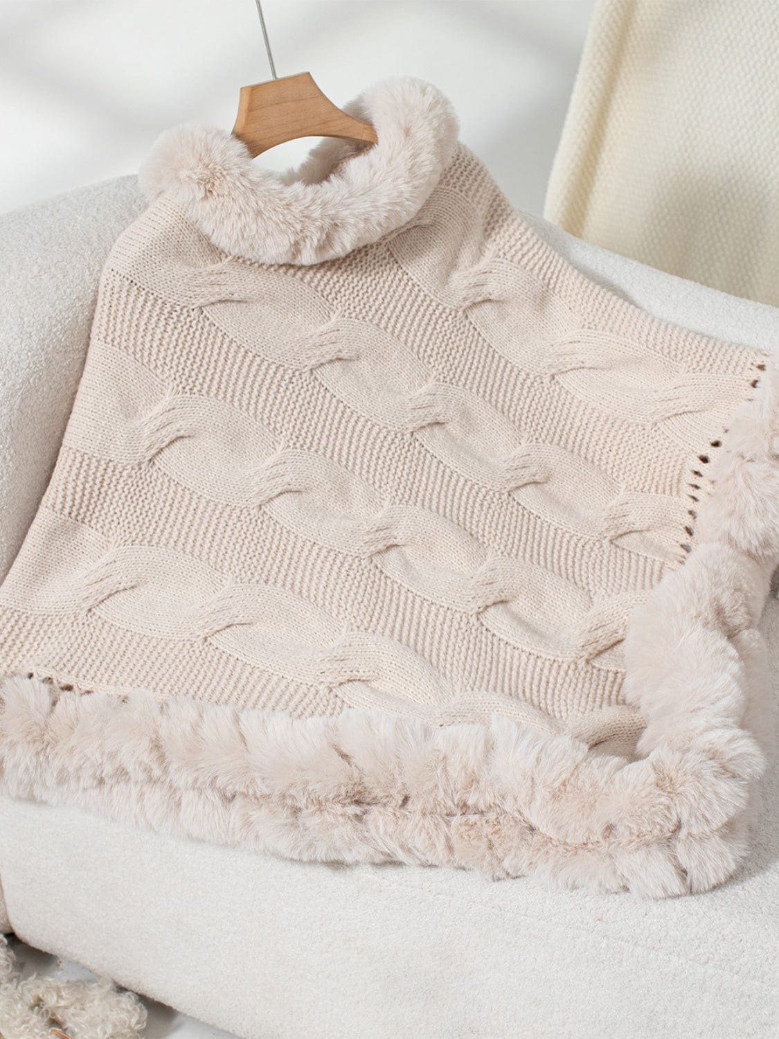 Fuzzy Hem Cable-Knit Poncho - Trendsi