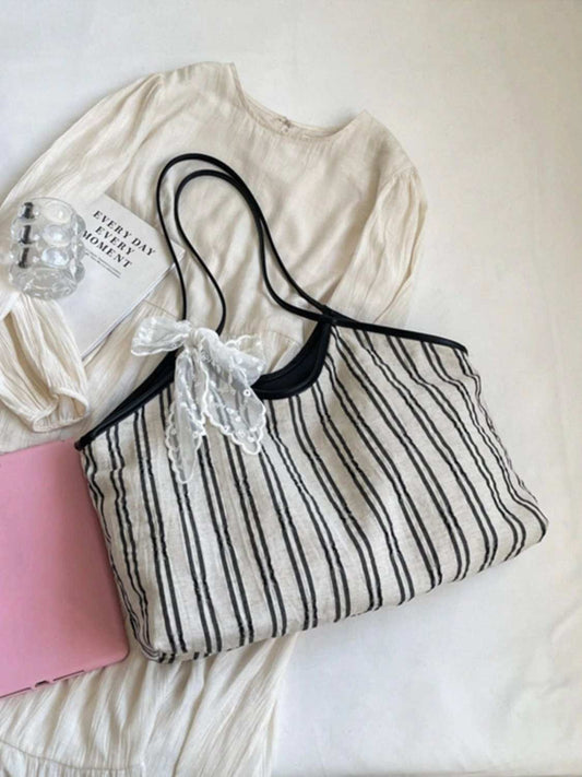 Striped Canvas Tote Bag - Trendsi - Flyclothing LLC