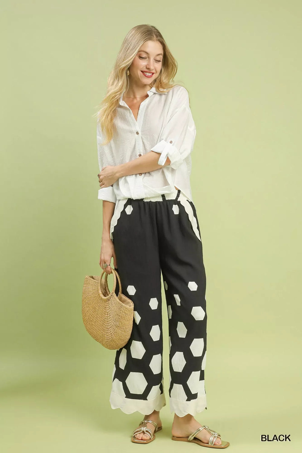 Umgee Hexagon Print Wide Leg Pants with Scalloped Hem - Trendsi - Flyclothing LLC