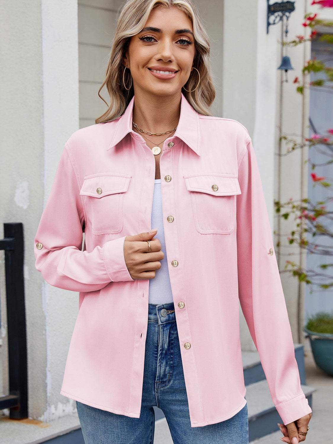 Solid Color Collared Neck Long Sleeve Shirt - Trendsi - Flyclothing LLC
