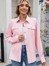 Solid Color Collared Neck Long Sleeve Shirt - Trendsi - Flyclothing LLC