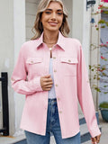Solid Color Collared Neck Long Sleeve Shirt - Trendsi