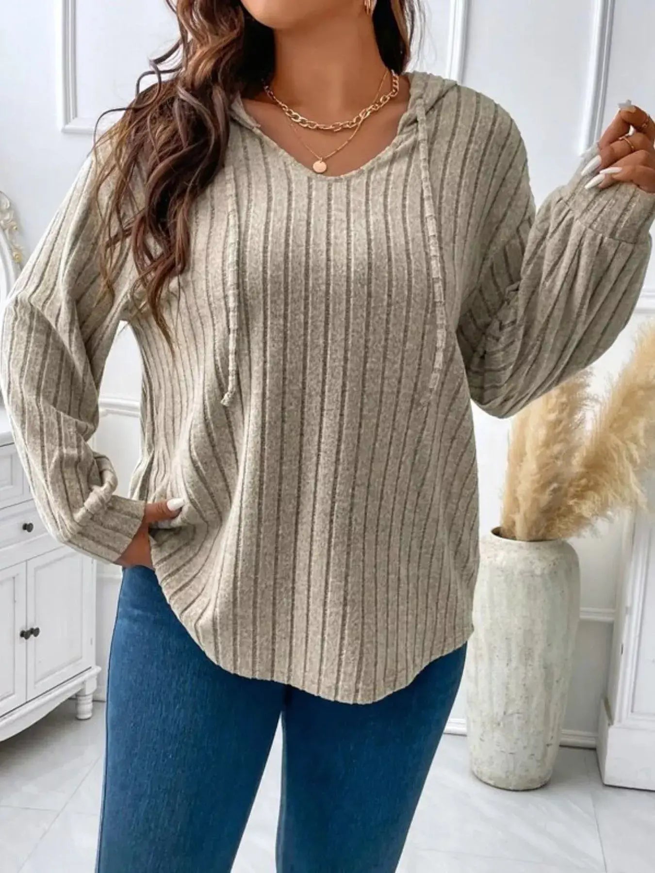 Ribbed Knit Drawstring Hooded T-Shirt - Trendsi - Flyclothing LLC