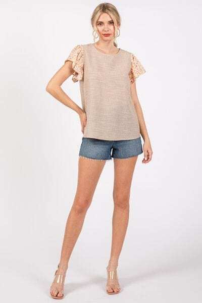 Ces Femme Round Neck Floral Short Sleeve Top - Trendsi - Flyclothing LLC