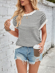 Lovelet Striped Round Neck Cap Sleeve Sweater - Trendsi