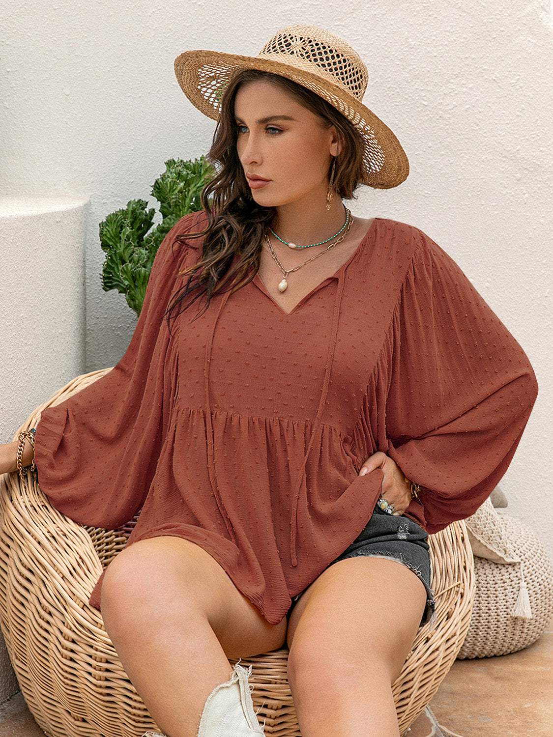 Plus Size Swiss Dot Tie Neck Long Sleeve Blouse - Trendsi - Flyclothing LLC