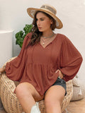 Plus Size Swiss Dot Tie Neck Long Sleeve Blouse - Trendsi - Flyclothing LLC