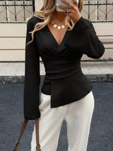 Elegant V-Neck Wrap Asymmetrical Blouse with Flared Sleeves - Trendsi - Flyclothing LLC
