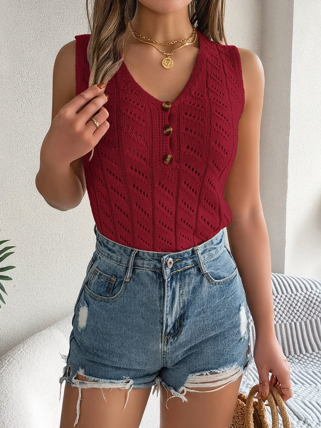 Openwork V-Neck Knit Vest - Trendsi