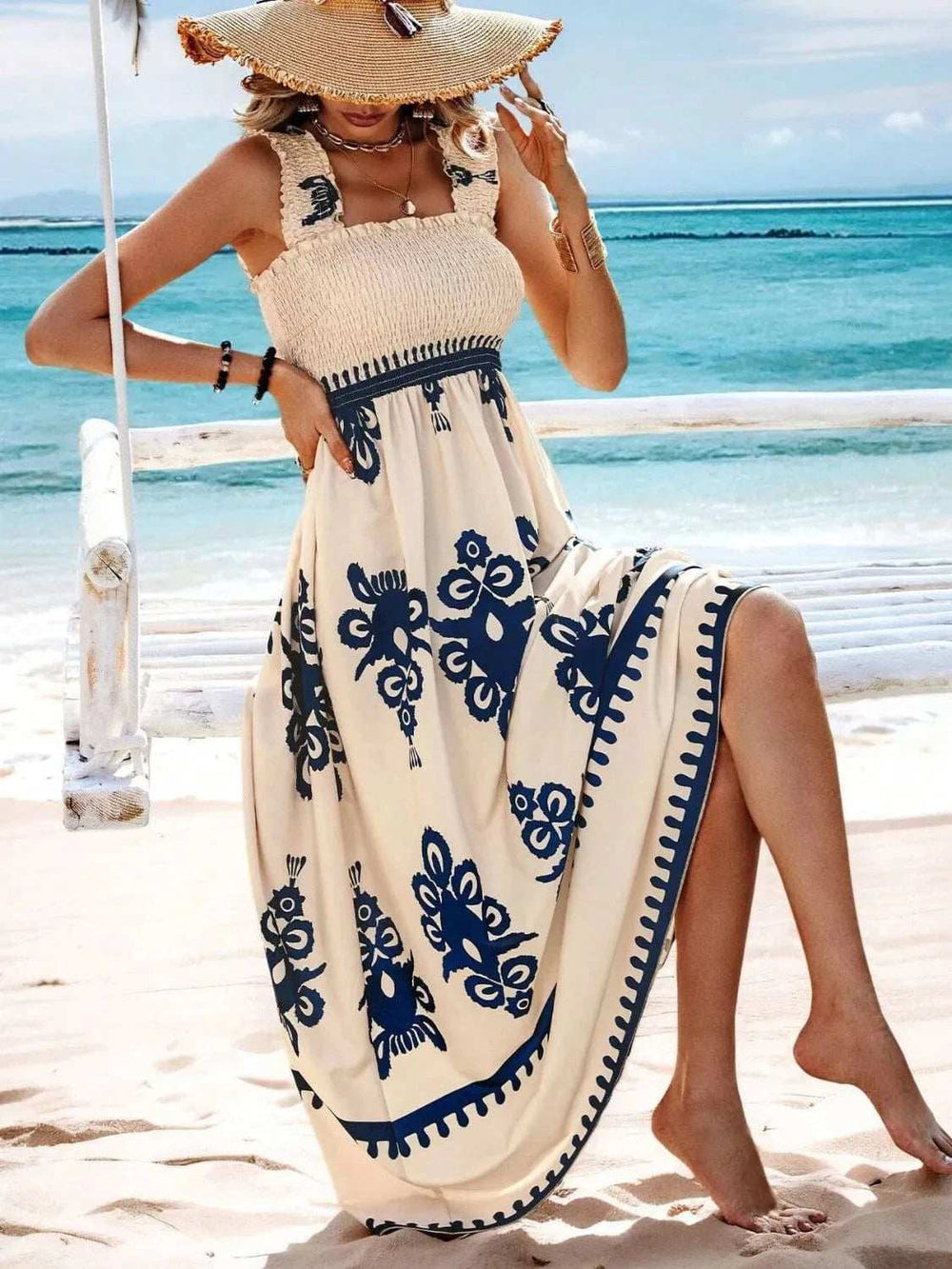 Smocked Printed Wide Strap Maxi Dress - Trendsi - Flyclothing LLC