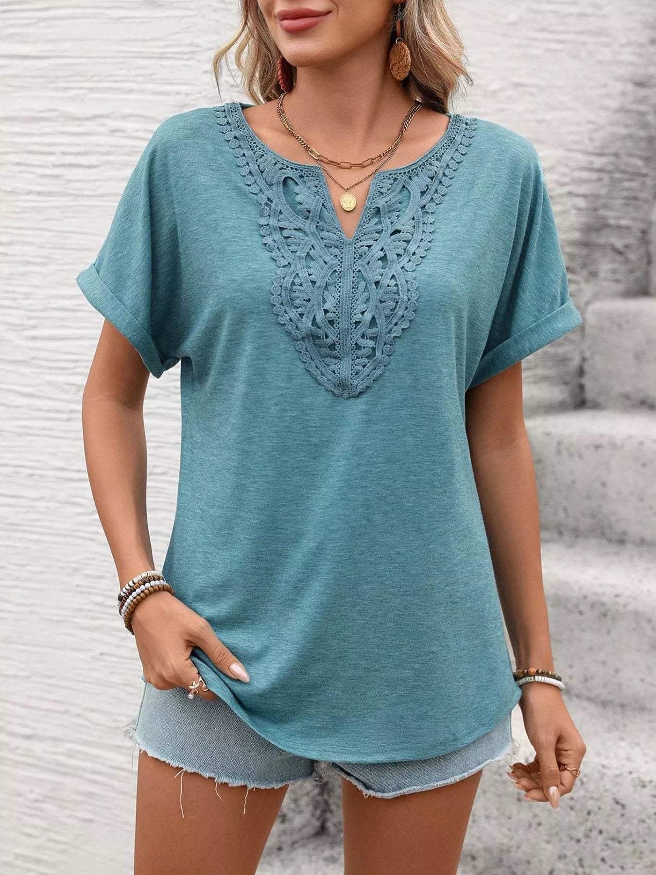 Lace Trim Short Sleeve T-Shirt - Trendsi - Flyclothing LLC