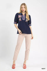 Umgee Embroidered Puff Sleeve Contrast Trim Top - Trendsi - Flyclothing LLC