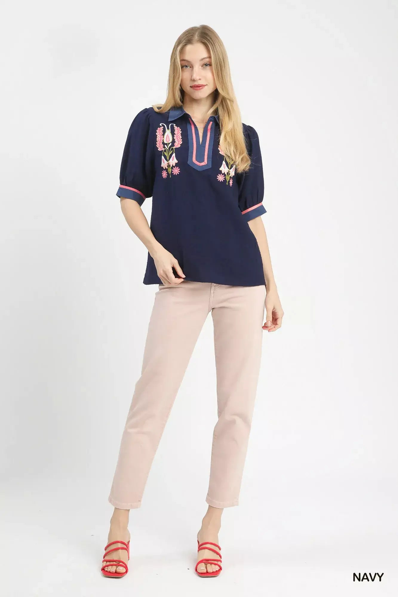 Umgee Embroidered Puff Sleeve Contrast Trim Top - Trendsi - Flyclothing LLC