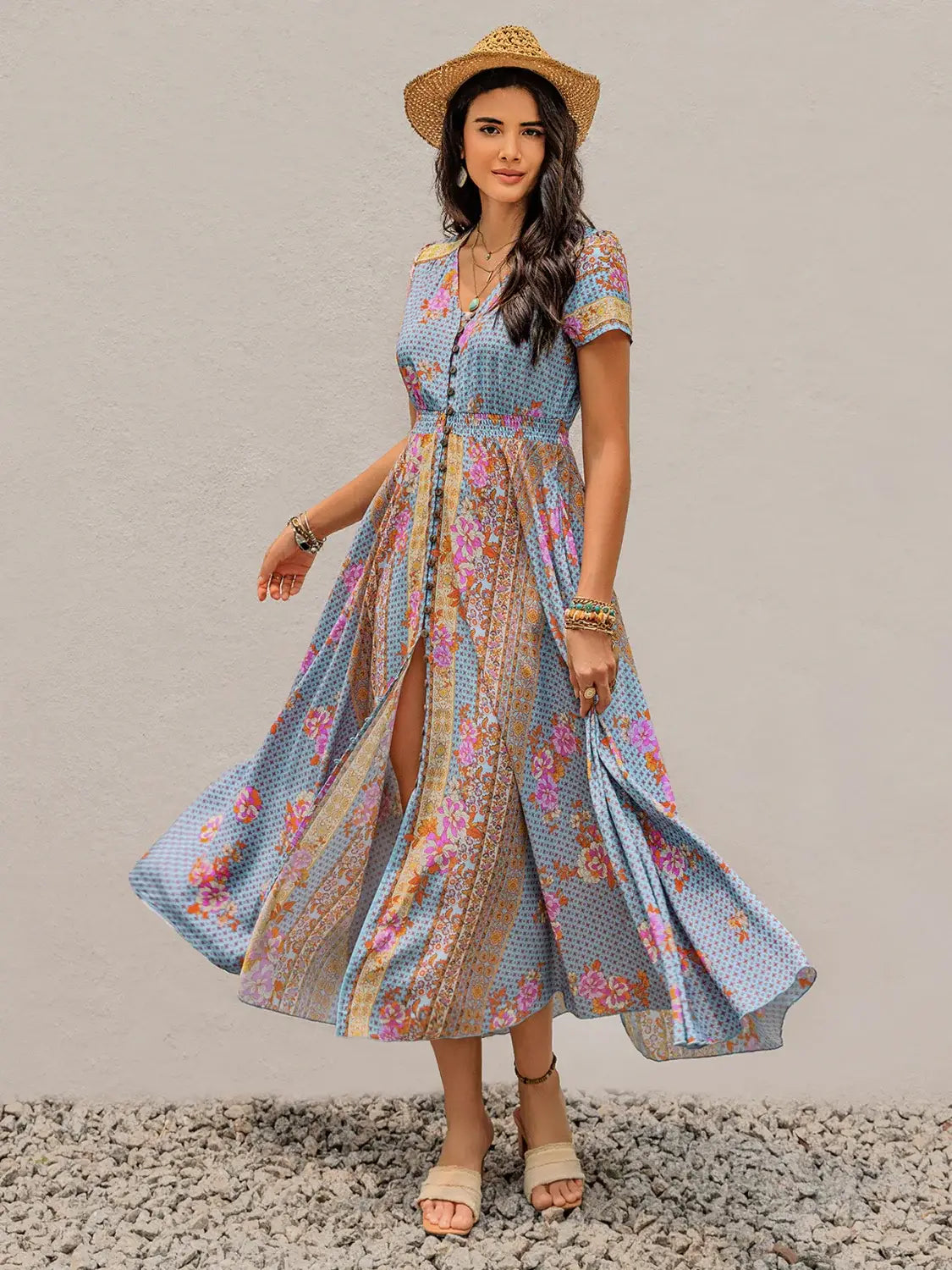 Smocked Floral V-Neck Short Sleeve Midi Dress - Trendsi - Flyclothing LLC